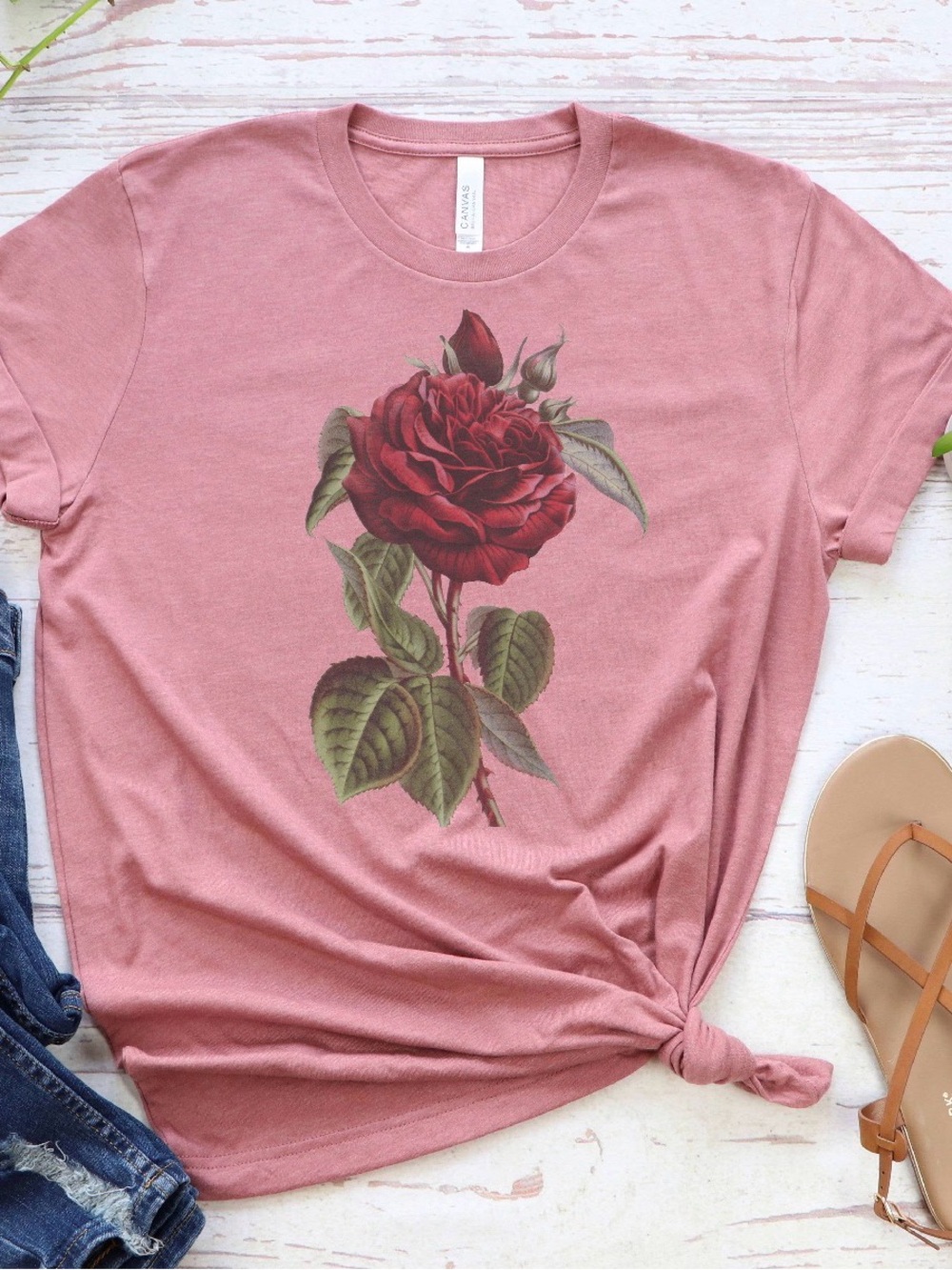 Women's Dusty Rose Short Sleeve Tee with Red Rose Graphic